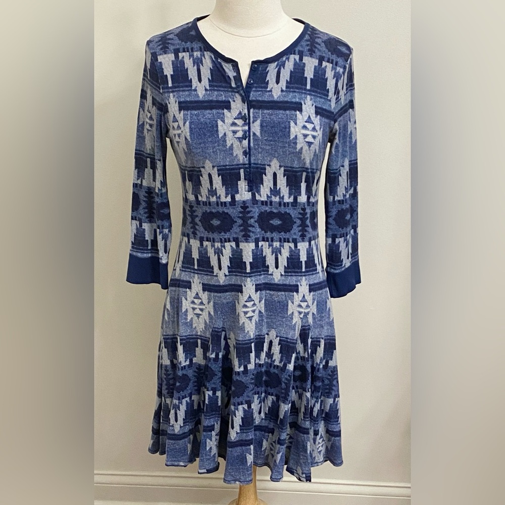 LRL Lauren Jeans Co Blue Aztec Southwestern Print Long Sleeve Knit Swing Dress S